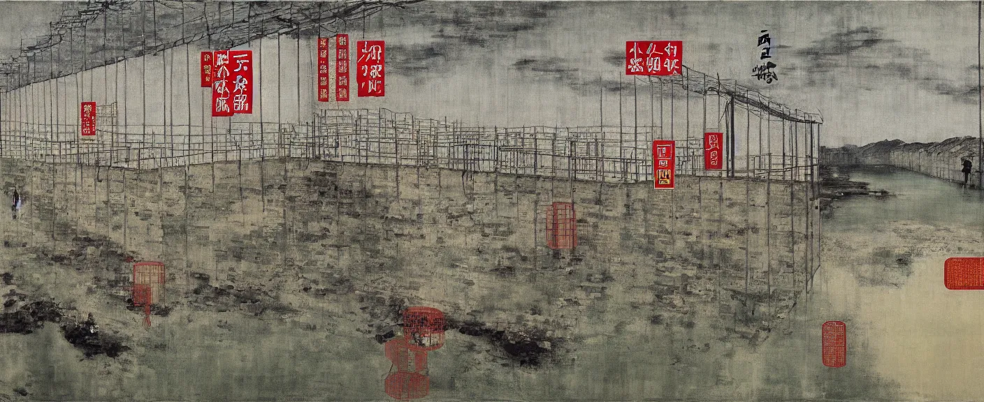 Image similar to a chinese prison near a river by peter doig, muted colors, overlaid with chinese adverts