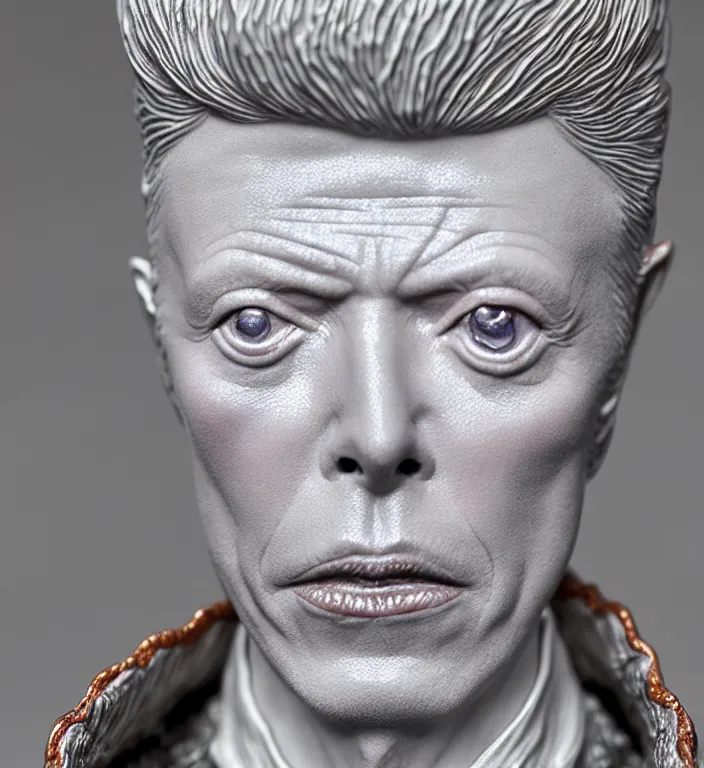 Image similar to David Bowie , A Close up photo-real delicate ceramic porcelain sculpture of a symmetrical ornate detailed in front of an intricate background by Victo Ngai and takato yamamoto, micro detail, backlit lighting, face in focus, subsurface scattering, translucent, thin porcelain, octane renderer, colorful, physically based rendering, japanese pottery, trending on cgsociety