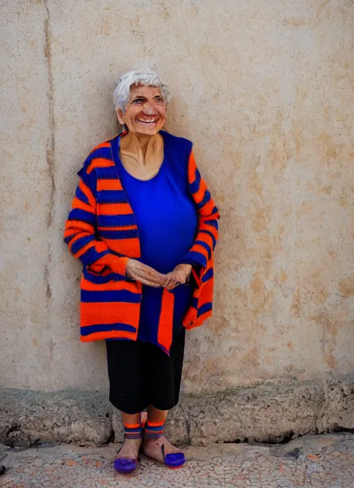 Image similar to Mid-shot portrait of a 65-year-old woman from Cyprus, happy, smiling, strong blue and orange colors, candid street portrait in the style of Martin Schoeller award winning, Sony a7R