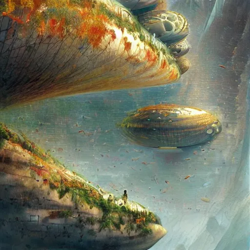 Prompt: beautiful portrait of bamboo living pods shaped like a sea shell embedded on the side of a cliff, windows, the time machine, spaceship by john berkey, panoramic view, ssci - fi, futuristic valley, hd wallpaer, art by artgerm, artwork by peter gric and brian froud and esao andrews