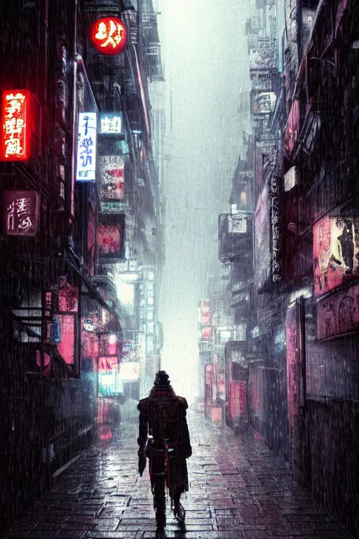 Prompt: a cyberpunk samurai in a raining cobblestone alleyway in tokyo, neon lights, full moon, fog cinematic greg rutkowski