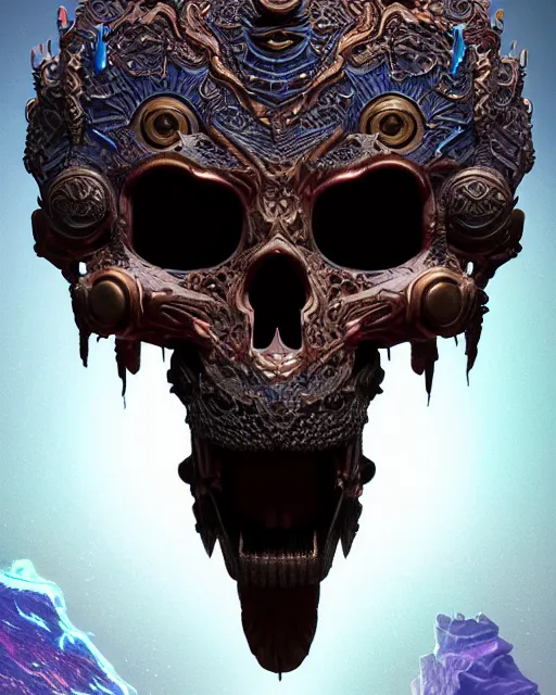 Image similar to 3 d ornate carved dark cosmic warrior with profile portrait, sigma 5 0 0 mm f / 5. beautiful intricate highly detailed quetzalcoatl skull. bioluminescent, plasma, lava, ice, water, wind, creature, thunderstorm! artwork by tooth wu and wlop and beeple and greg rutkowski, 8 k trending on artstation