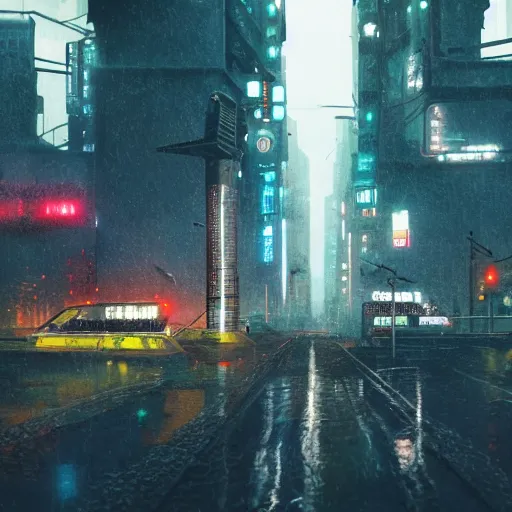 Prompt: gigantic metal pyramid in the distance, brutalist, blade runner, sci fi, stunning detail, cityscape, cyberpunk, wet street, 8k, cinematic lighting, ultra realistic, colorful, neon, octane rendered,