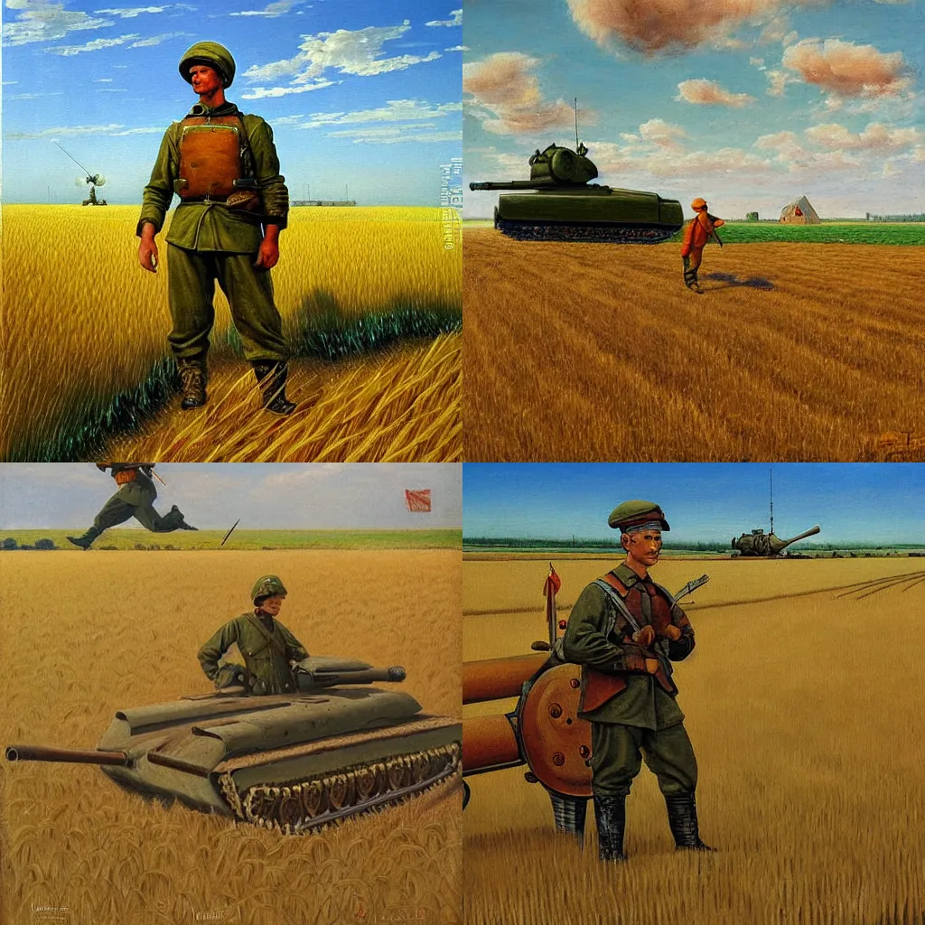 Prompt: detailed painting of a soldier and a tank on a wheat field by Ivan Vladimirov, socialist realism