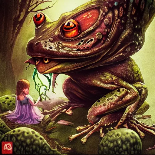 Prompt: A portrait of a scary godlike frog eating a fairy. award winning. superb resolution. in the art style of junji Ito and greg rutkowski . Detailed Mushroom city in background. Hyper realistic anime. Perfect art. Dalle2