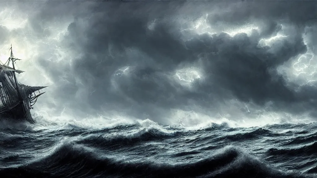 Prompt: small boat in the foreground. massive giant kraken coming out of a stormy sea, giant waves, lightning in background, intricate, detailed, volumetric lighting, sharp focus, scenery, photorealism, digital painting, highly detailed, concept art, ruan jia, dark souls, steve mccurry
