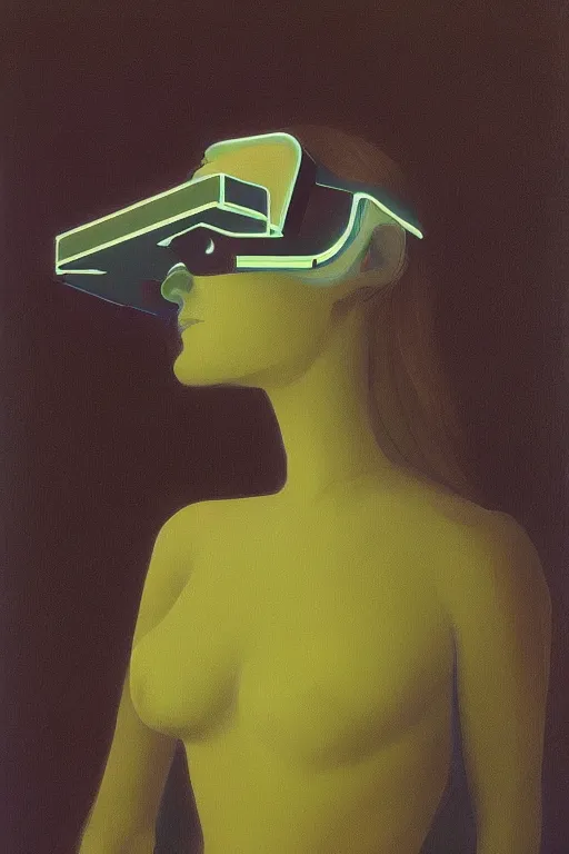 Image similar to woman wearing oculus and digital glitch head edward hopper and james gilleard, zdzislaw beksisnski, higly detailed