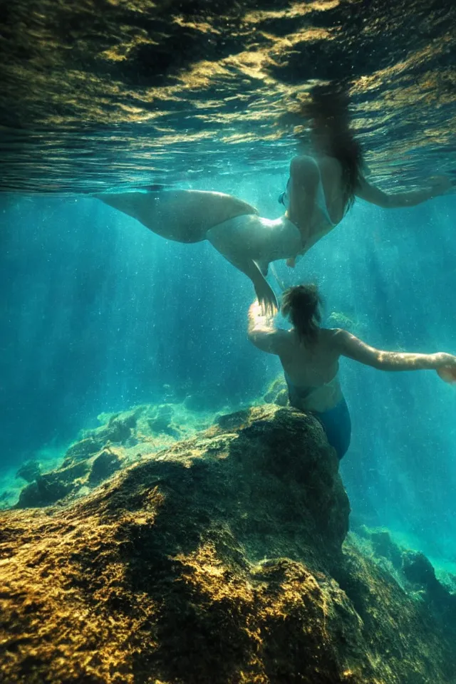 Prompt: underwater looking up, one woman swimming alone in large tall rock trench , toward the sun rays and caustics, film , cinematic, underwater photography, low angle view, wide lens