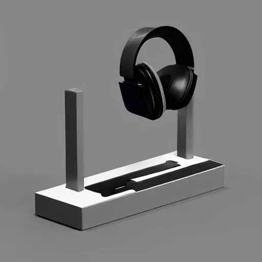 Image similar to headphone stand, futuristic, techno, cyberpunk, product design, 3 d render, 3 d concept, isometric design, fun, swag, cute