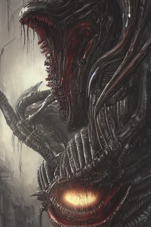 Prompt: portrait of xenomorph by hr giger, greg rutkowski, luis royo and wayne barlowe as a diablo, resident evil, dark souls, bloodborne monster