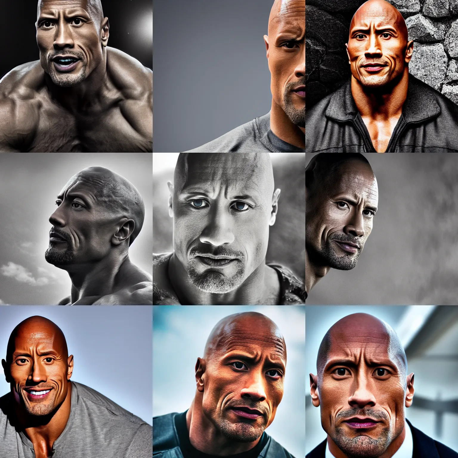 Prompt: dwayne johnson but his head is a gray rock, photograph, 4 k, canon
