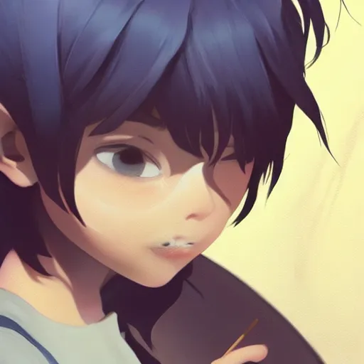 Image similar to a child with grey skin with blues and short brown hair, holding fire, highly detailed, digital painting, artstation, matte, by makoto shinkai, animation style