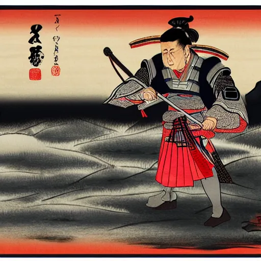 Image similar to joe biden dressed as a samurai in an edo period japanese ink block painting, 4 k, hyper realistic, dslr, high resolution, landscape, beautiful