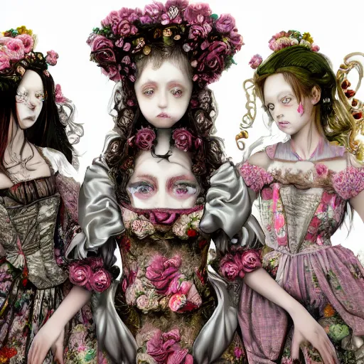 Prompt: 8k, HD, realism, high octane render, renaissance, rococo, baroque, group of creepy young ladies wearing long harajuku manga dress with flowers and skulls, background chaotic flowers