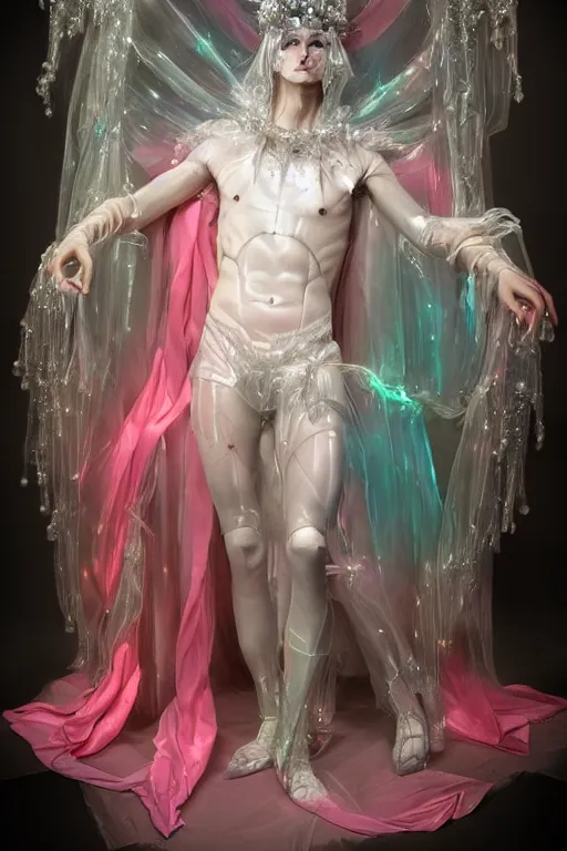 Image similar to full-body rococo and cyberpunk delicate crystalline sculpture of (((muscular slender Spanish male))) as an iridescent humanoid deity wearing a thin see-through ((plastic hooded cloak)) sim roupa, reclining con (las piernas abiertas), glowing pink face, crown of (((white lasers))), large diamonds, swirling black silk fabric. futuristic elements. oozing glowing liquid, full-length view. space robots. (((human skulls))). throne made of bones, intricate artwork by caravaggio. Trending on artstation, octane render, cinematic lighting from the right, hyper realism, octane render, 8k, depth of field, 3D