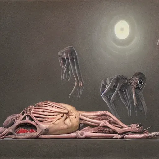 Image similar to a hyperrealistic painting of an alien autopsy, by john kenn mortensen and zdzislaw beksinski, highly detailed, vivid color,