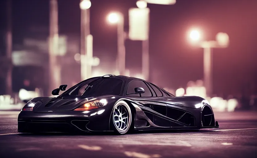 Image similar to a black Mclaren F1 in the streets at night whit cyan headlights on, by Khyzyl Saleem, night time, Cloudy weather, atmospheric, artstaion, concept art, illustration, sharp focus, high detail, octane render, cyberpunk, intimidating