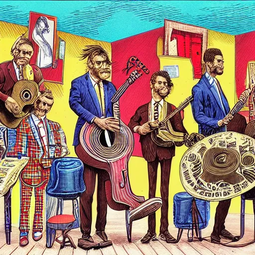 Prompt: The Artwork of R. Crumb and his Cheap Suit Serenaders, pencil and colored marker artwork, trailer-trash lifestyle