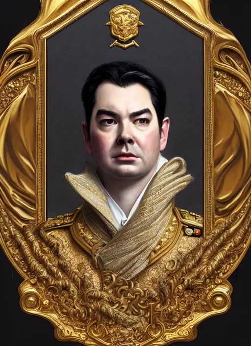 Image similar to portrait of supreme leader rich evans, royalty, extravagant, lord, full body, military uniform, fantasy, intricate, elegant, beautiful, highly detailed, charcoal, centered, dark, smokey, digital painting, artstation, concept art, art by artgerm and greg rutkowski and alphonse mucha