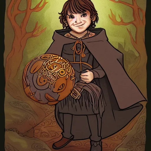 Prompt: portrait of halfling wearing a cloak covered in sigils, haunting eyes, with a pet rock