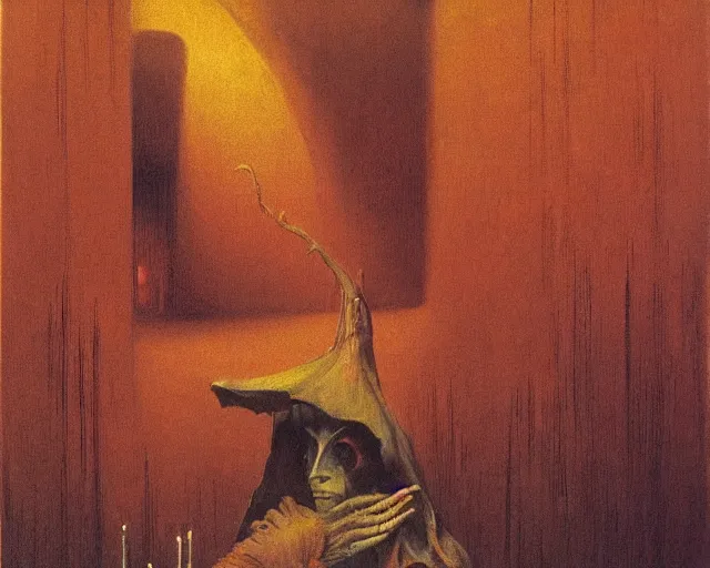 Image similar to by francis bacon, beksinski, mystical redscale photography evocative. devotion to the scarlet woman in her cathedral, priestess in a conical hat, coronation, ritual, sacrament, lamprey