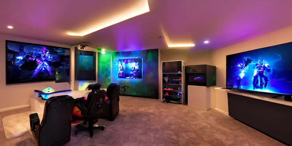 Prompt: gamer room with desktop pc, colorful led lighting, gaming chair, wall art, at night, photography