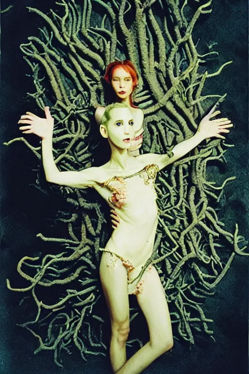 Prompt: instax frame from Pan's Labyrinth (2006) where god creates life by Tetsuya Ishida, from Prometheus by Alicja Kwade, dressed by Salvatore Ferragamo, haute couture painted by Peter Paul Rubens and by John Baeder, editorial asymmetry fashion photography, in lush brain coral femur by Jean-Michel Basquiat