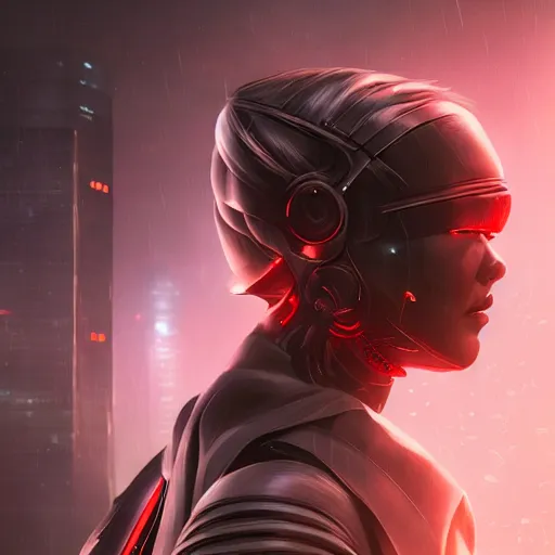 Image similar to An realistic epic fantastic comic book style portrait painting of a female cyber ninja by WLOP trending on arstation, black and reddish color armor, cyberpunk feel raining at tokyo rooftop, Concept world Art, unreal 5, DAZ, hyperrealistic, octane render, cosplay, RPG portrait, dramatic lighting, rom lights