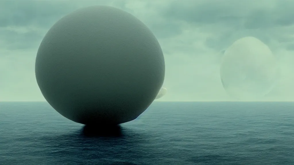 Prompt: a giant white spherical spaceship descends upon a cloudy beach off the cliffs of Dover, film still from the movie directed by Denis Villeneuve with art direction by Zdzisław Beksiński, wide lens