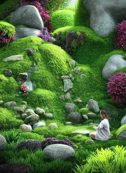 Image similar to hyper realistic render of a heavenly garden of peace, filled with trees, stone slab, flowers, moss, ferns, a girl meditating at a distance, trending on artstation, volumetric lighting, hyper realistic, hyper detailed, high quality render, blender guru