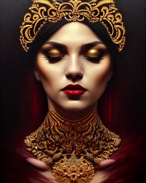 Image similar to portrait of a beautiful goddess, enigmatic beauty, dominant shades of black, gold silver, dark red, white, head in focus, ornamental aesthetics, intricate, elegant, highly detailed, hyperrealistiic painting, artstation, concept art, painterly, sharp focus, illustration, art by karol bak