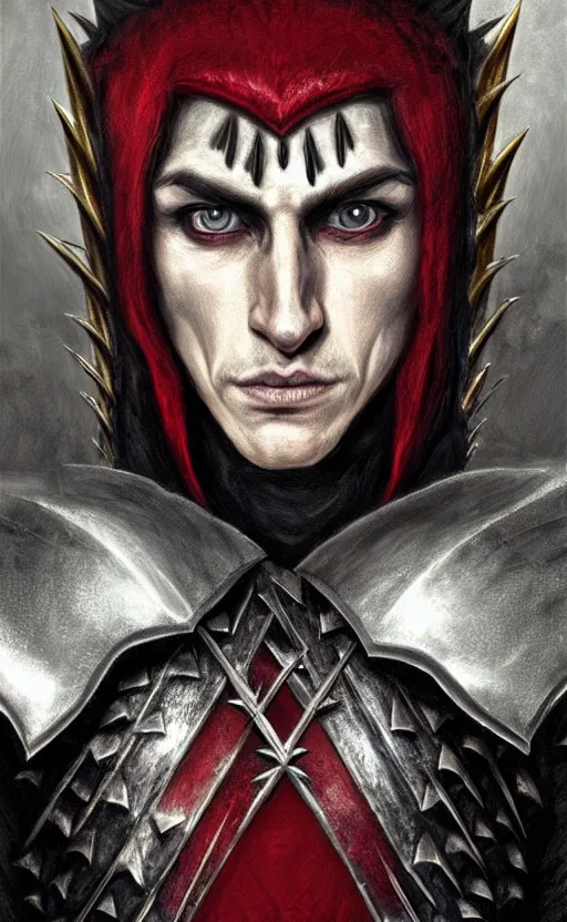 Image similar to A portrait of a male elf, 20 years old, short silver hair, red eyes, wearing a spiked black metal crown, wearing black heavy armor with gold trim, wearing a red cape, lean but muscular, attractive, command presence, royalty, weathered face, smooth, sharp focus, illustration, concept art, highly detailed portrait, muscle definition, fantasy painting, ArtStation, ArtStation HQ