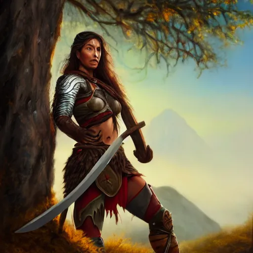 Image similar to a warrior woman in rests an axe on her shoulder, she is grabbing a nearby tree, looking onto the horizon, next to her is a wolf companion, fall, mountain landscape, portrait by magali villeneuve, 4 k, artstation, realistic, magic the gathering