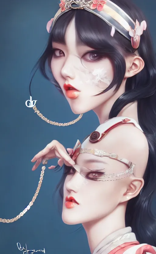 Image similar to a pin up and beautiful fashion charming dreamlke korea girl with lv jewelry, character art, art by artgerm lau and kyoung hwan kim and and ilya kuvshinov and john singer sargent, hyperdetailed, 8 k realistic, symmetrical, frostbite 3 engine, cryengine, dof, trending on artstation, digital art