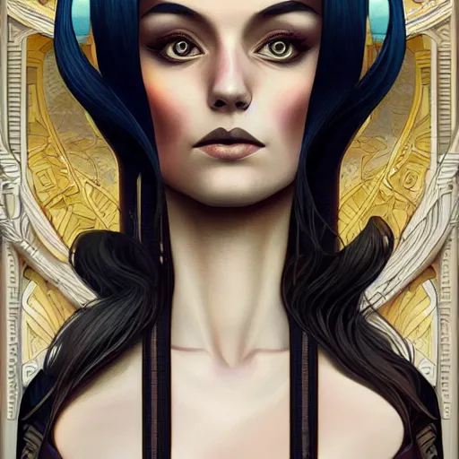 Prompt: an art nouveau, ( streamline moderne ), multi - racial portrait in the style of anna dittmann and charlie bowater and vitaly bulgarov. very large, clear, expressive, and intelligent eyes. centered, ultrasharp focus, dramatic lighting, photorealistic digital matte painting, intricate symmetrical ultra detailed background.