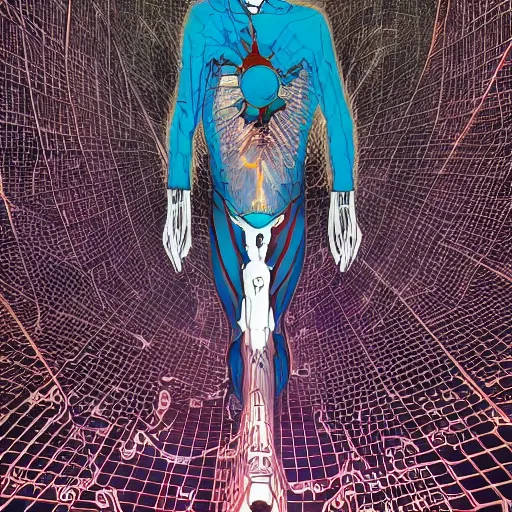 Prompt: shintaro kago yoji shinkawa and victo ngai cellular human body apophasis glorious energy of the sun cybernetic organism of pure energy and light synthetic emotional symposium of death