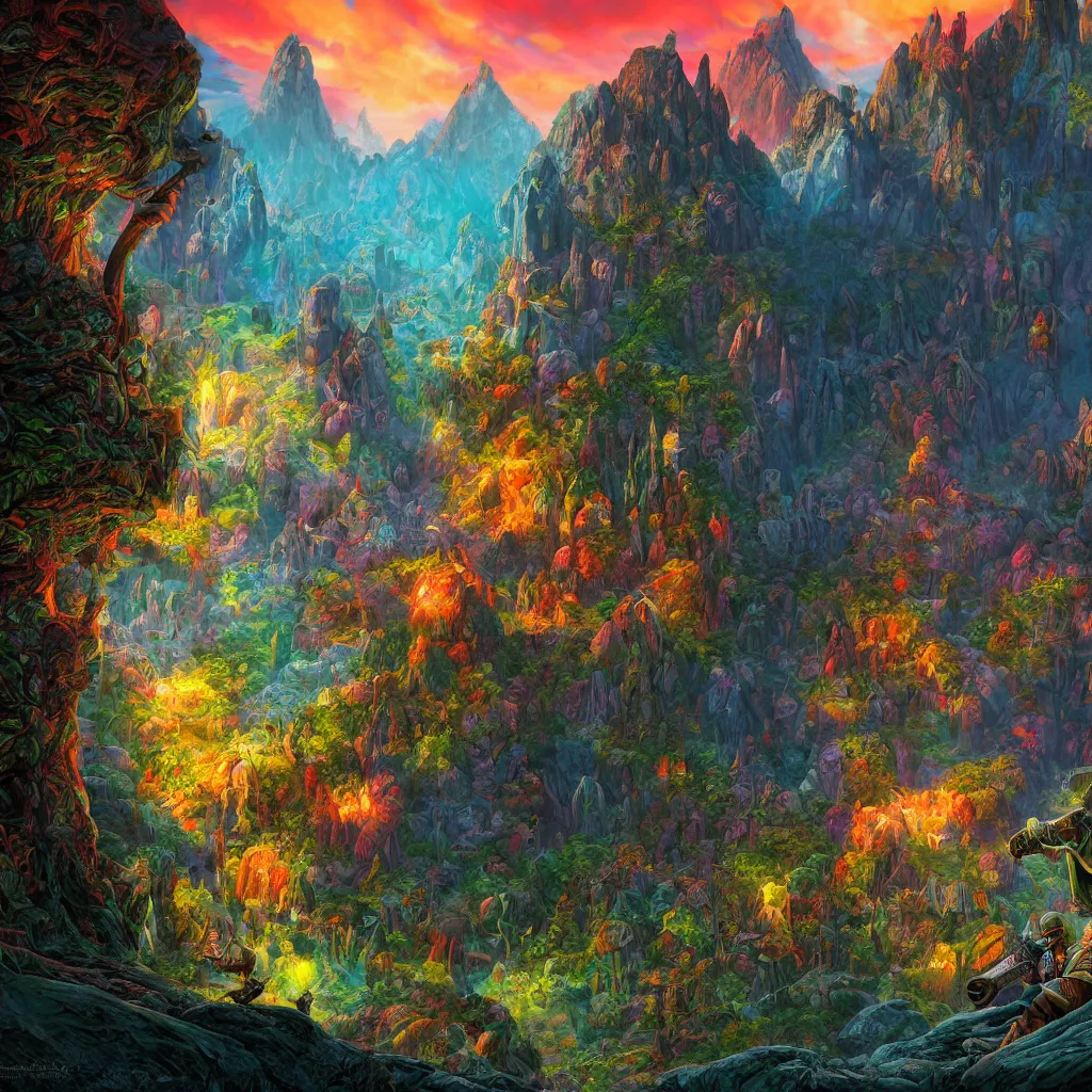 Image similar to bright, colorful, realistic, detailed from Elder Scrolls: shivering isles concept mania mushroom coast and mountian realm of madness portrait backlighting, kodachrome, high contrast, highly detailed, sharp focus, digital painting, concept art, illustration, trending on artstation, comic book by Alex Ross and Adam Adamowicz cover art