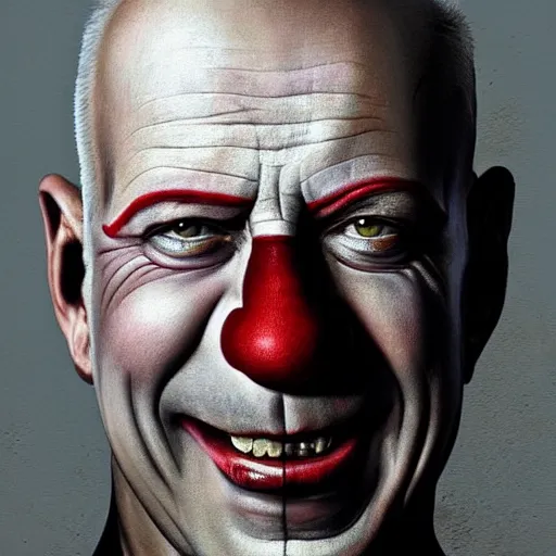 Prompt: UHD hyperrealism painting of Bruce Willis dressed as a clown, wearing clown makeup, by Antonio Caparo and Ferdinand Knab and Greg Rutkowski, UHD, photorealistic, trending on artstation, trending on deviantart, correct face, real clown makeup