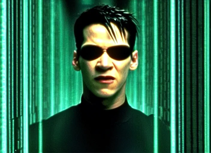 Image similar to Movie still of Neo in The Matrix movie doing a thumb up to the camera in front on burning servers.