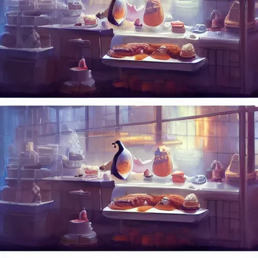 Prompt: a penguin cooking a cake in a bakery by greg rutkowski and thomas kinkade, trending on artstation, 3 d art station