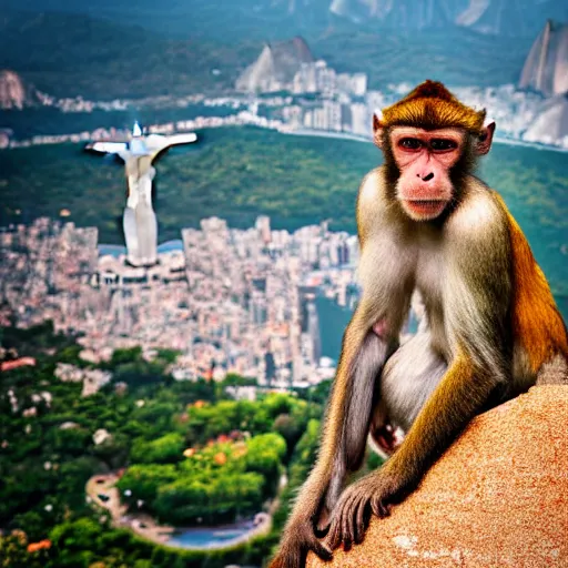 Image similar to high quality portrait of a monkey in front of Christ The Redeemer, studio photograph, photograph, realistic photo, 8k photo, 4k photo, stock photo, high resolution, cinematic shot, high detail