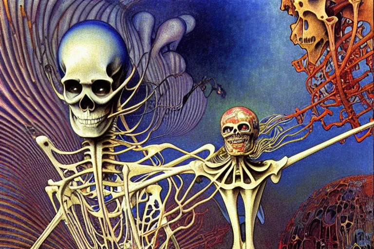 Image similar to realistic detailed closeup portrait painting of a single skeleton wearing a cape in a crowded futuristic street by Jean Delville, Amano, Yves Tanguy, Alphonse Mucha, Ernst Haeckel, Edward Robert Hughes, Roger Dean, rich moody colours, blue eyes