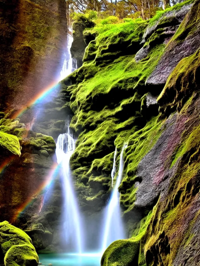 Prompt: artdeco waterfall cascading onto rocks, small rainbow emerging in background, ethereal, beautiful scenery,