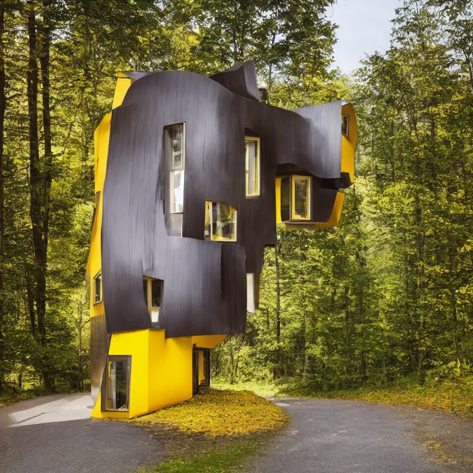 Image similar to a tiny flat horizontal house in the black forest, designed by Frank Gehry. Big tiles. Small wooden pathway . Film grain, cinematic, yellow hue