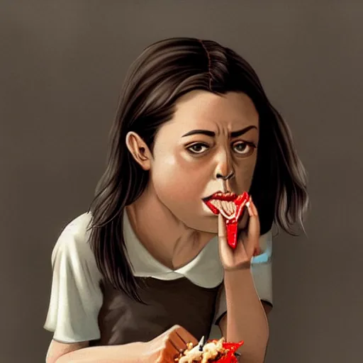 Image similar to young vampire aubrey plaza eating a clove of garlic, art by sam yang