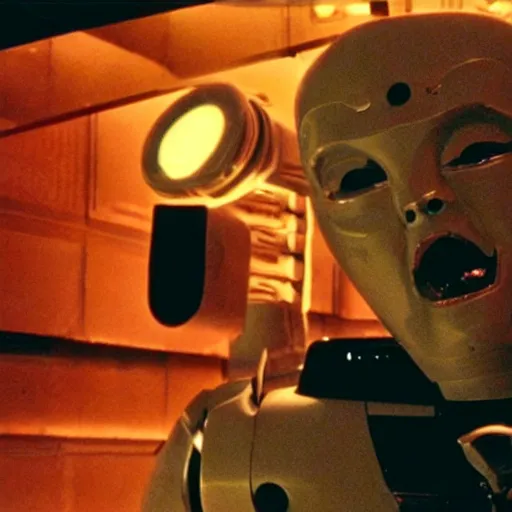 Image similar to movie scene of a man with a robot head screaming, movie still, cinematic composition, cinematic light, criterion collection, reimagined by industrial light and magic, Movie by David Lynch and andrzej zulawski