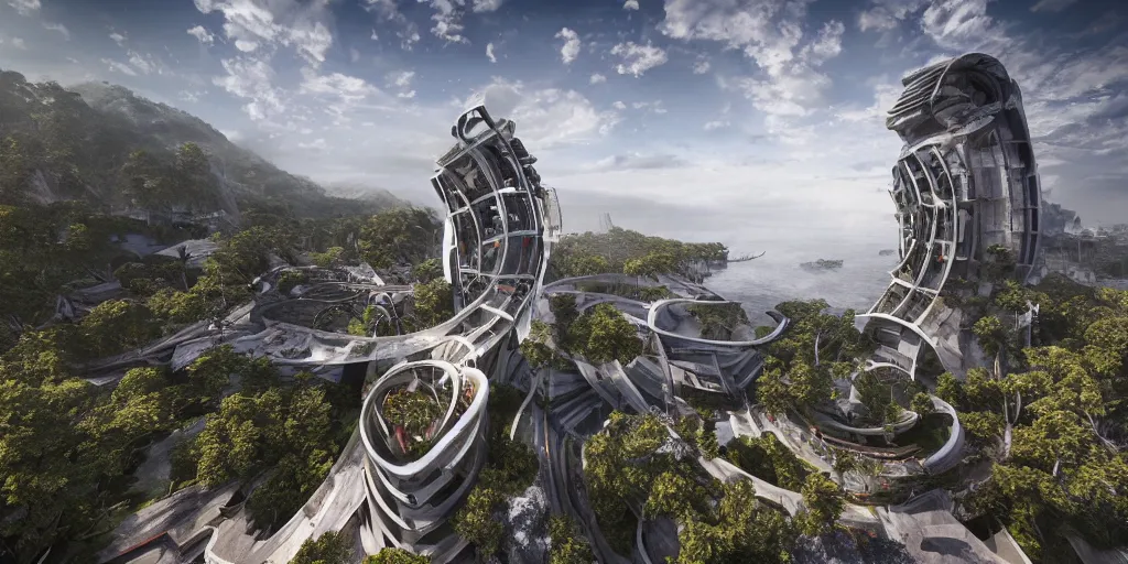Image similar to modern brutalistic architecture tower build in the center of a huge ringed shaped mountain with forest on the top in the center of the ocean, unreal 5, hyper realistic, realistic, photorealistic, dynamic lighting, highly detailed, cinematic landscape, studio landscape, studio lighting