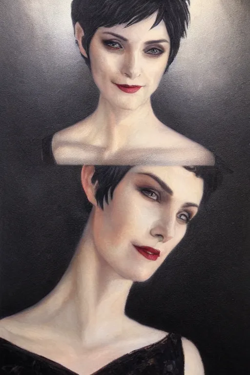 Prompt: Beautiful oil painting of Alice Cullen by Chie Yoshii, portrait, pale skin, short black pixie cut hair, smiling, symmetrical face, black dress, dramatic lighting, sharp focus, smooth, Ashley Greene, happy