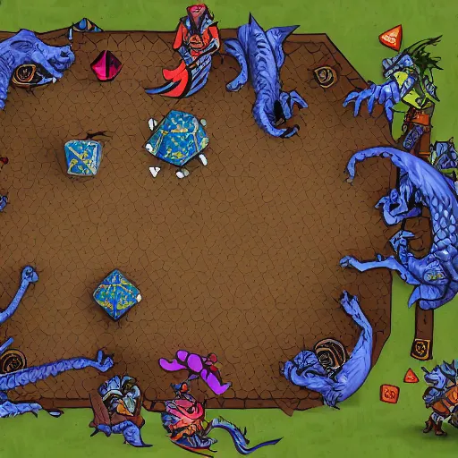 Image similar to A typical Dungeons And Dragons adventuring party, fighting a blue dragon and a highly organized pack of kobolds, except everyone is shrunk to only 2% of their normal height, and the fight is happening on a gridded battlemat on a kitchen table, with normal size pencils and polyhedral dice scattered across the table; 4K image