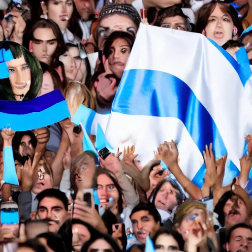 Image similar to Lady Gaga as president, Argentina presidential rally, Argentine flags behind, bokeh, giving a speech, detailed face, Argentina